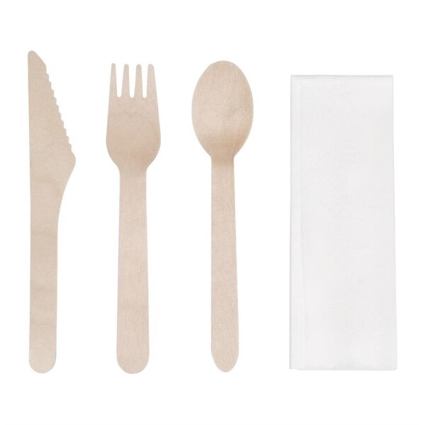 500 Bestecksets | Fiesta Green Holzbesteck | Messer, Gabel, Löffel + Serviette